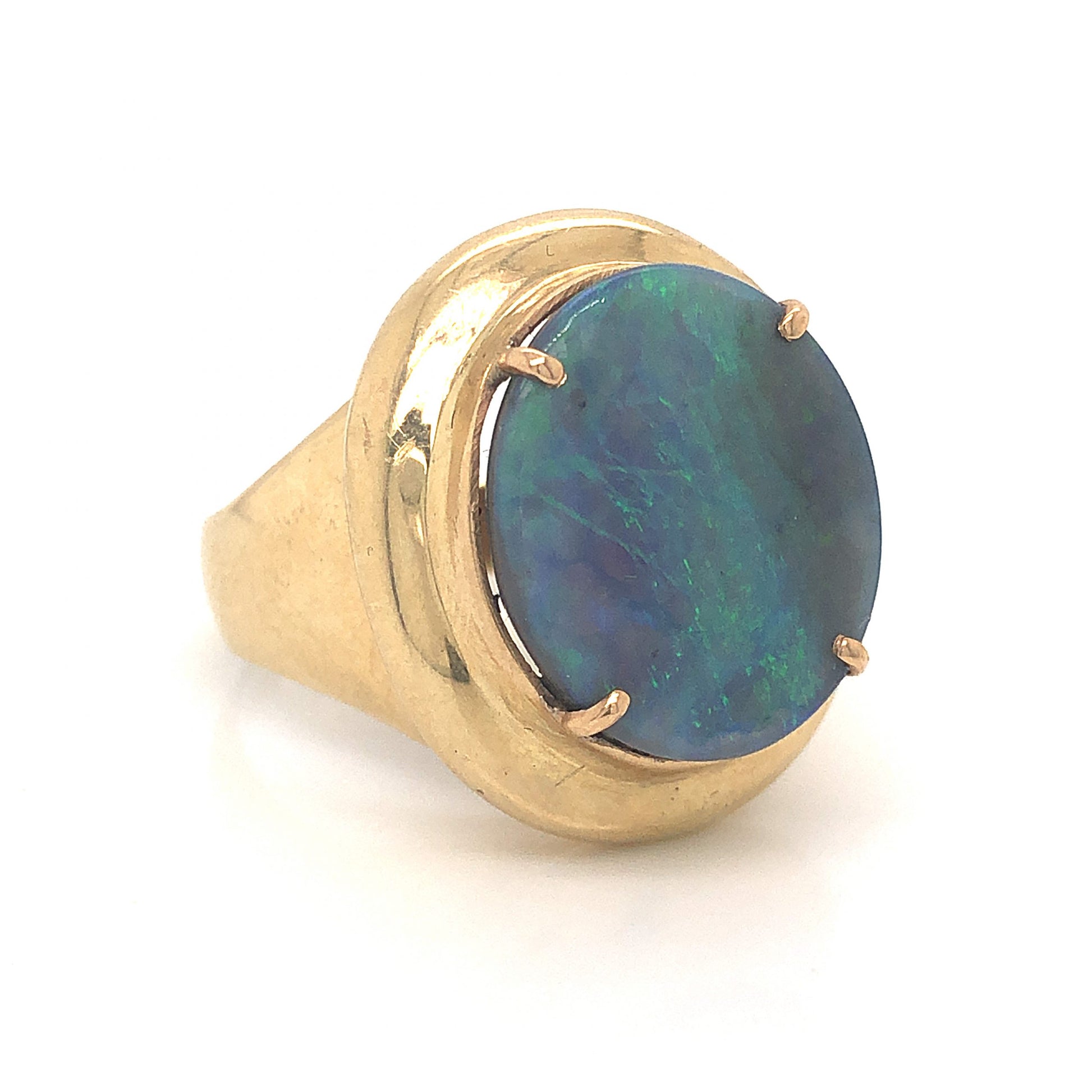 Mid-Century Opal Tablet Cocktail Ring in 14k Yellow GoldComposition: 14 Karat Yellow GoldRing Size: 10Total Gram Weight: 14.2 gInscription: 14k 