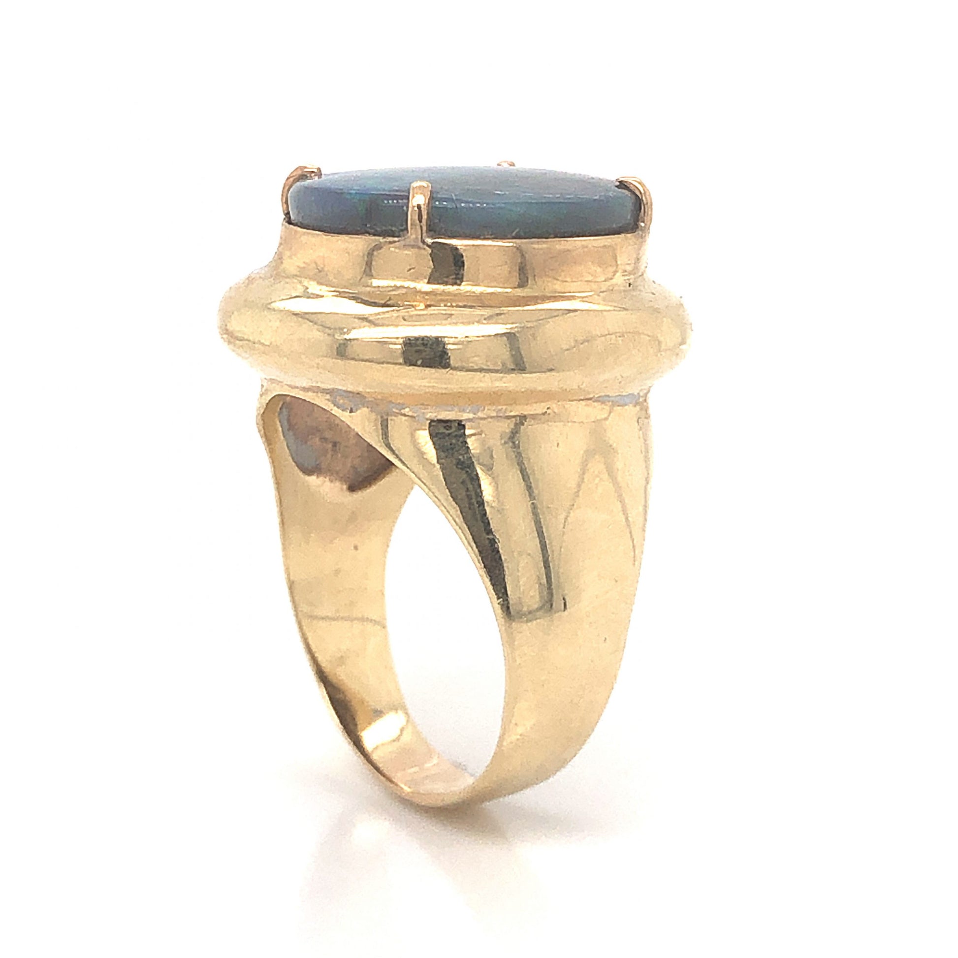 Mid-Century Opal Tablet Cocktail Ring in 14k Yellow GoldComposition: 14 Karat Yellow GoldRing Size: 10Total Gram Weight: 14.2 gInscription: 14k 