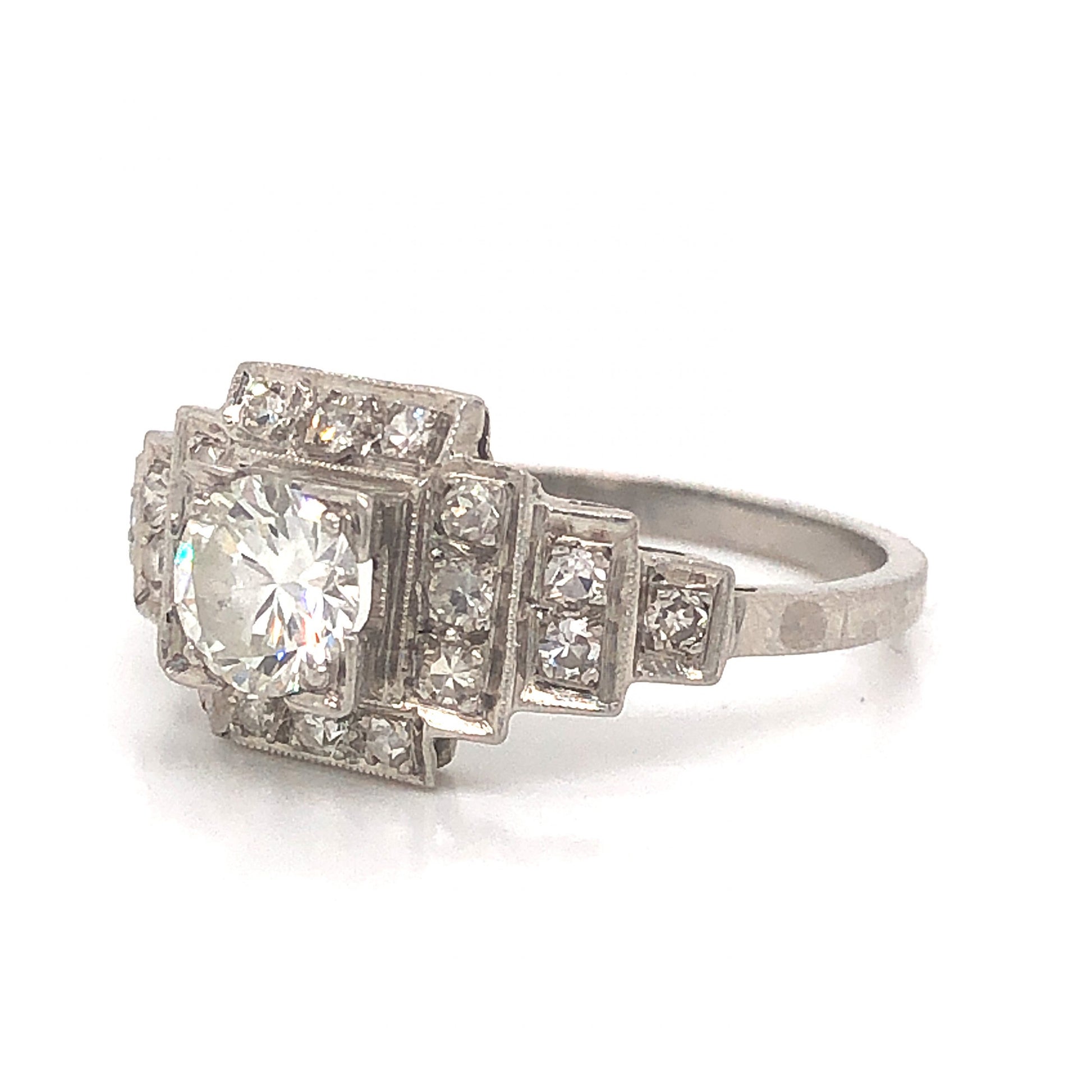 .52 Art Deco Diamond Engagement Ring in PlatinumComposition: Platinum Ring Size: 7.25 Total Diamond Weight: .82ct Total Gram Weight: 3.0 g Inscription: 1860 PLAT 10% IRID
      