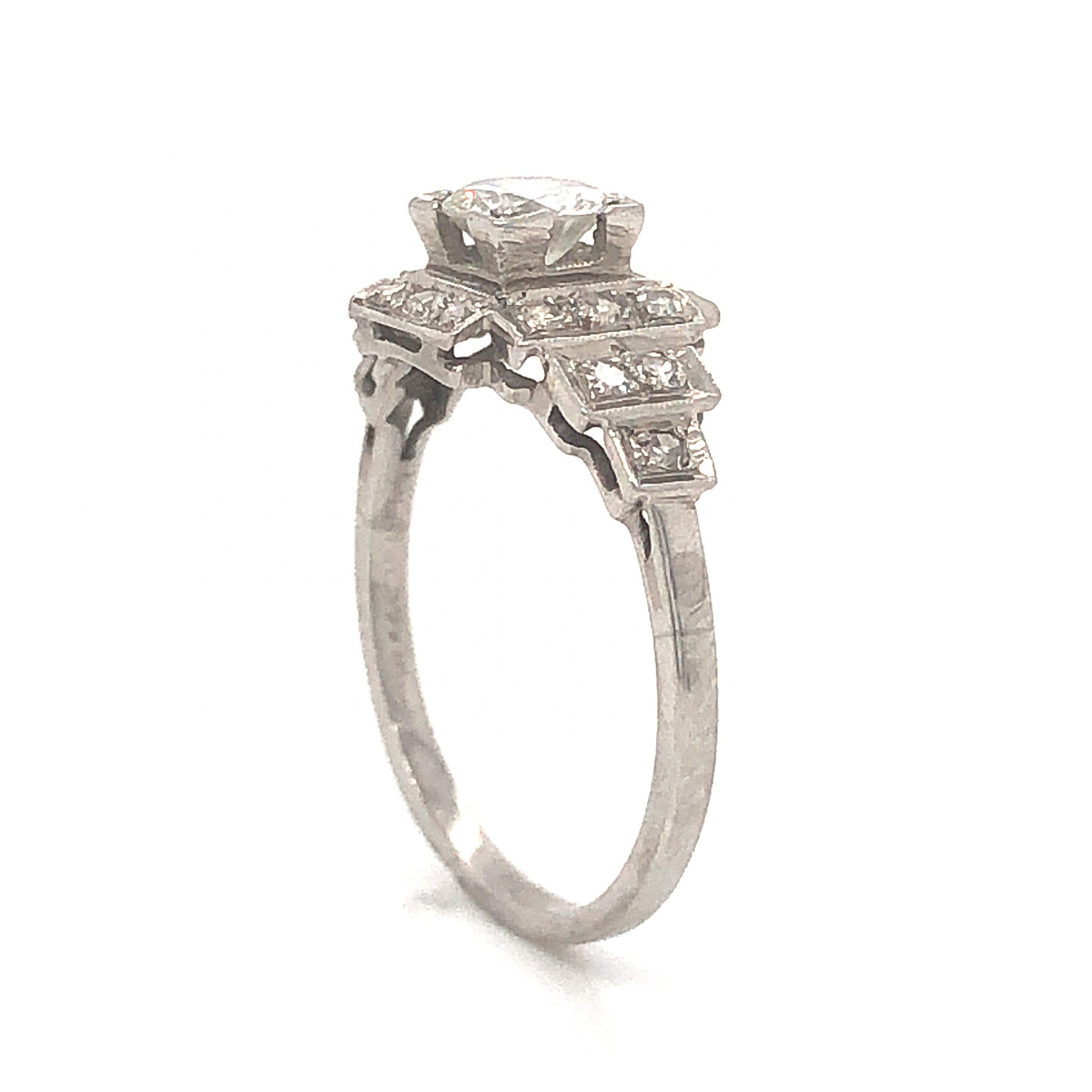.52 Art Deco Diamond Engagement Ring in PlatinumComposition: Platinum Ring Size: 7.25 Total Diamond Weight: .82ct Total Gram Weight: 3.0 g Inscription: 1860 PLAT 10% IRID
      