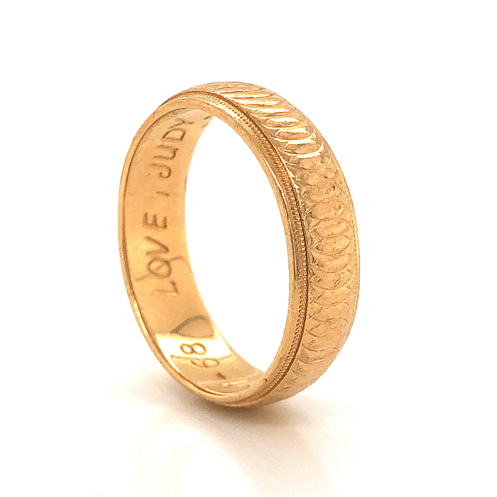 Mid-Century 5.8mm Engraved Wedding Band in 14k Yellow GoldComposition: PlatinumRing Size: 8.5Total Gram Weight: 5.0 gInscription: 14k 6-1-68 LOVE, JUDY