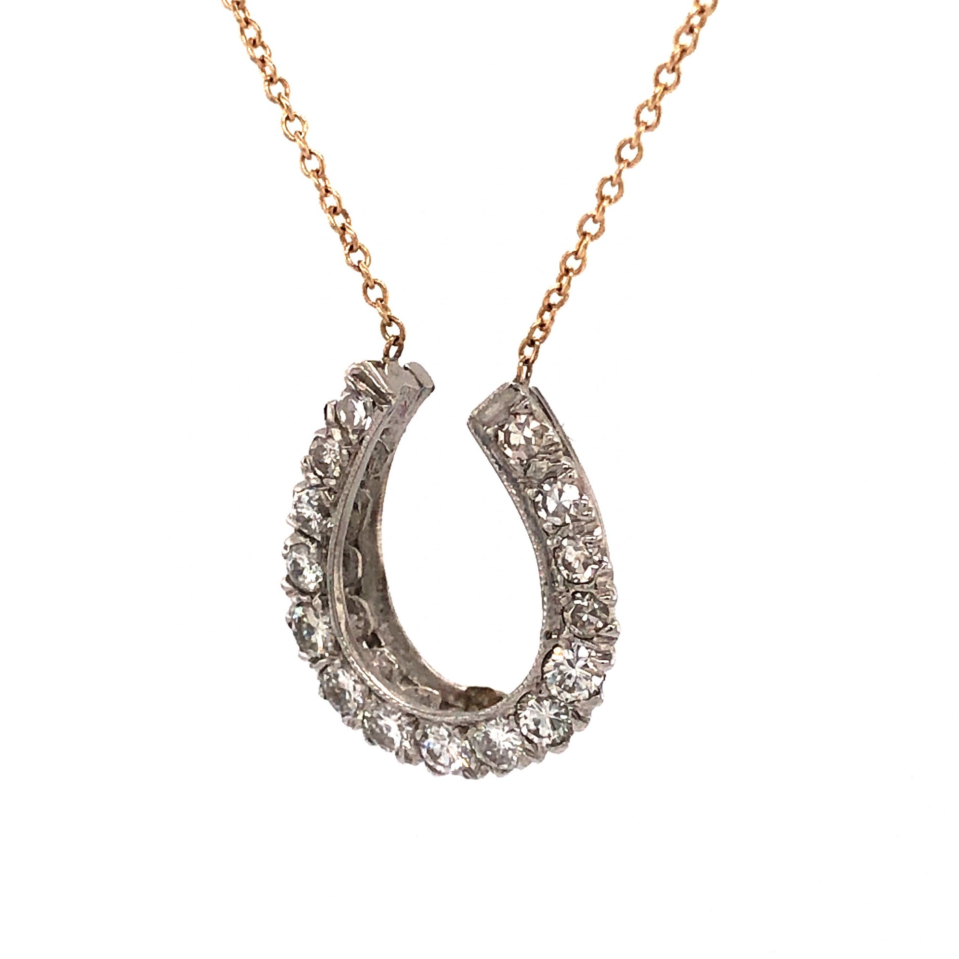 Diamond Horseshoe Pendant Necklace in 14k GoldComposition: Platinum Total Diamond Weight: .73ct Total Gram Weight: 3.8 g Inscription: MSCO 14KT
      