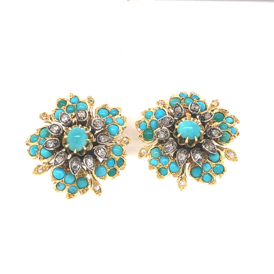 Victorian Diamond & Turquoise Earrings in 18k Yellow Gold & Silver