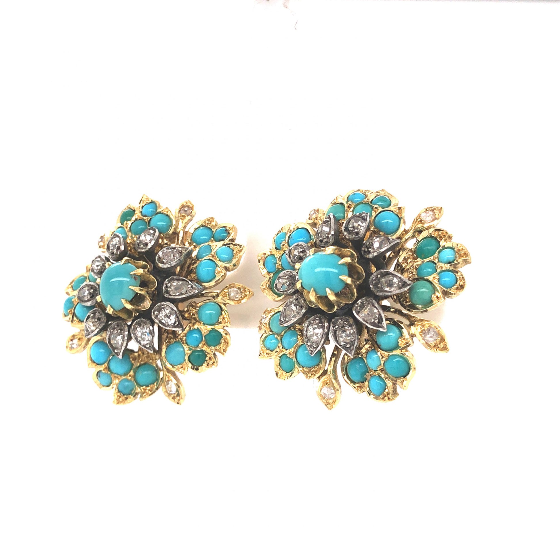 Victorian Diamond & Turquoise Earrings in 18k Yellow Gold & Silver