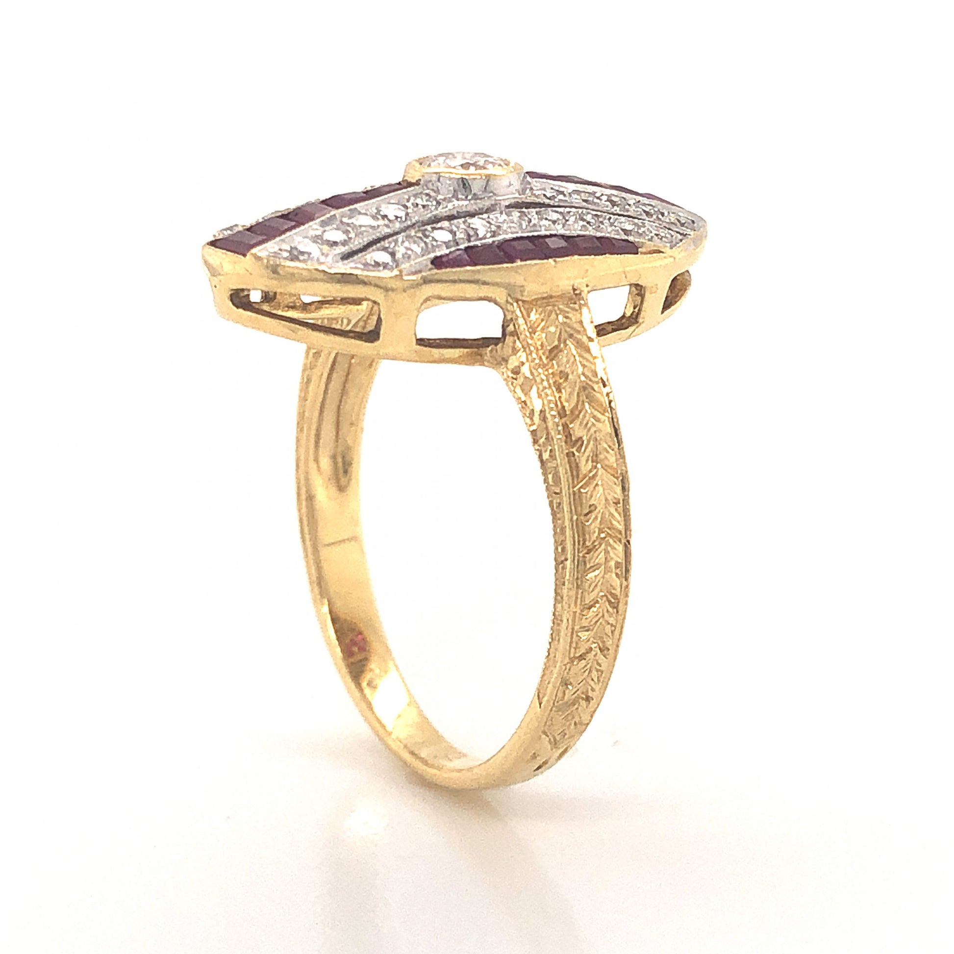 Retro Diamond & Ruby Cocktail Ring in 18k Yellow & White GoldComposition: PlatinumRing Size: 6.75Total Diamond Weight: .59 ctTotal Gram Weight: 5.1 gInscription: 750