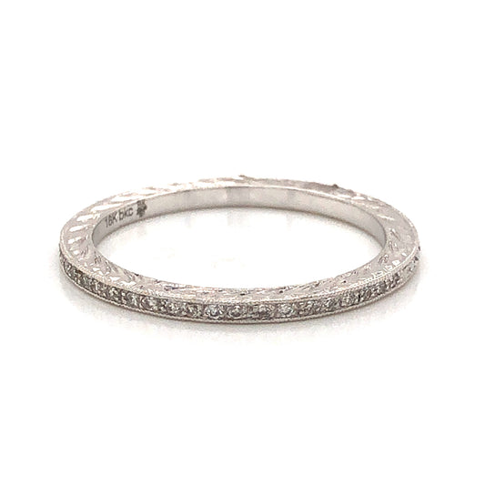 Engraved Vintage Inspired Diamond Wedding Band in 18k White Gold