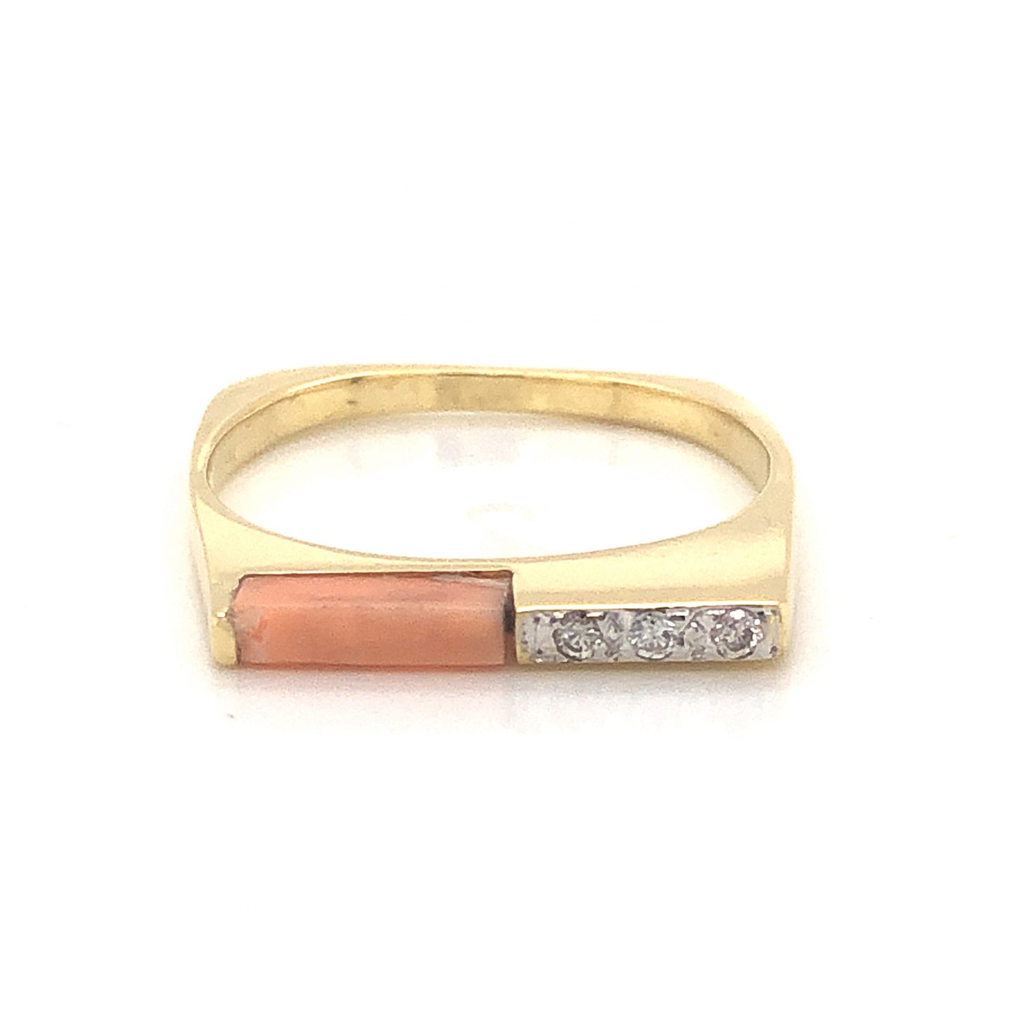 Mid-Century Thin Coral & Diamond Ring in 18k Yellow Gold