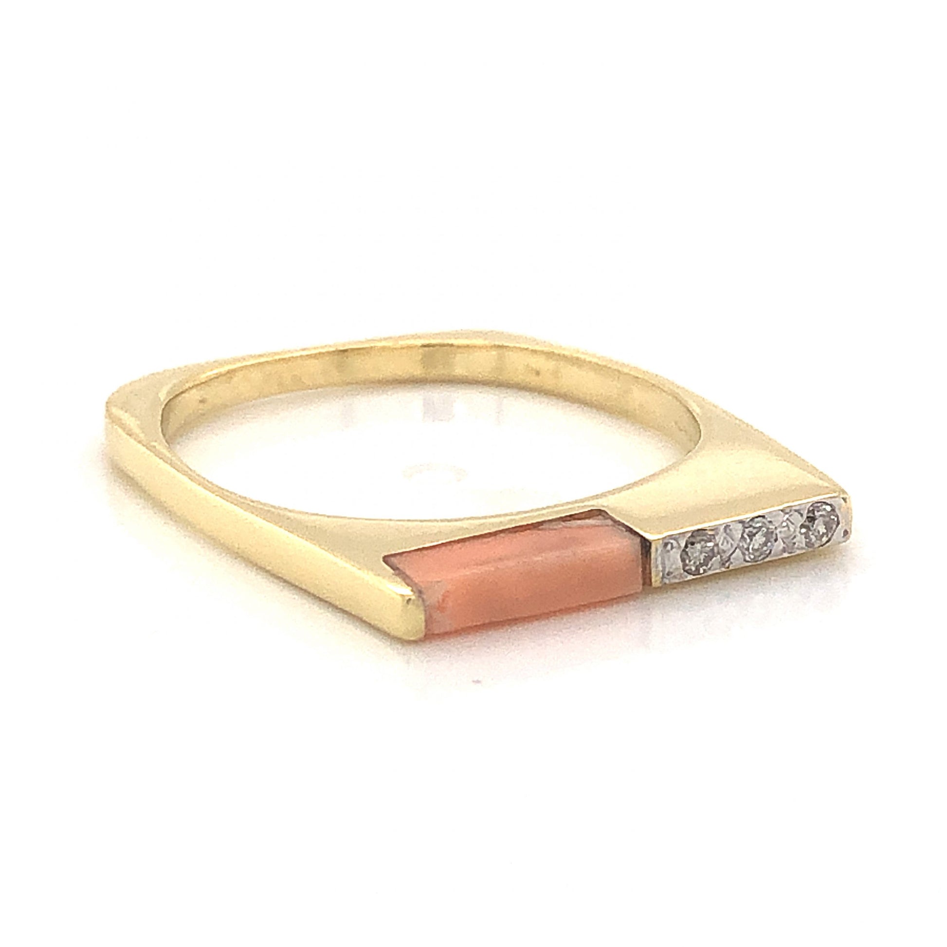 Mid-Century Thin Coral & Diamond Ring in 18k Yellow GoldComposition: PlatinumRing Size: 6Total Diamond Weight: .045 ctTotal Gram Weight: 2.7 gInscription: 18k 