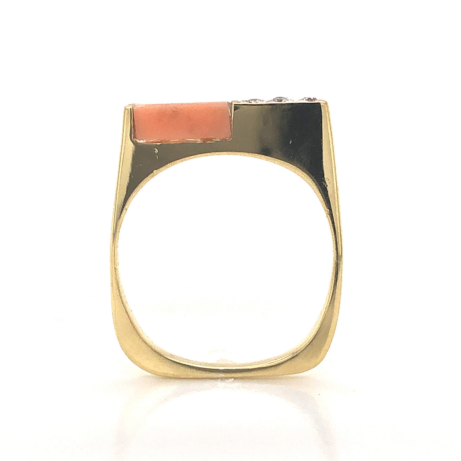 Mid-Century Thin Coral & Diamond Ring in 18k Yellow GoldComposition: PlatinumRing Size: 6Total Diamond Weight: .045 ctTotal Gram Weight: 2.7 gInscription: 18k 