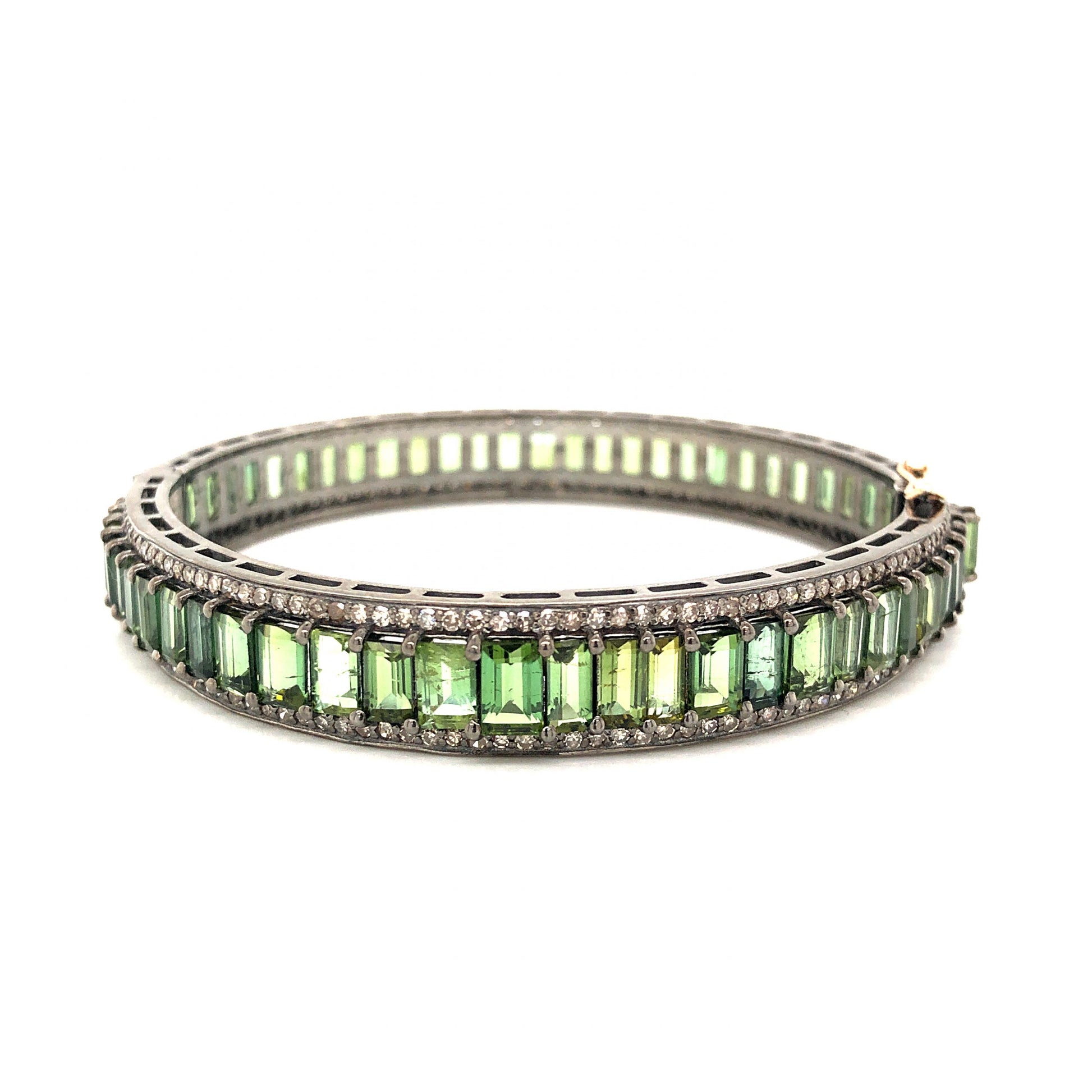 Green Tourmaline Bangle Bracelet w/ Diamonds in Sterling SilverComposition: 14 Karat Yellow Gold/Sterling SilverTotal Diamond Weight: 2.81 ctTotal Gram Weight: 27.3 g