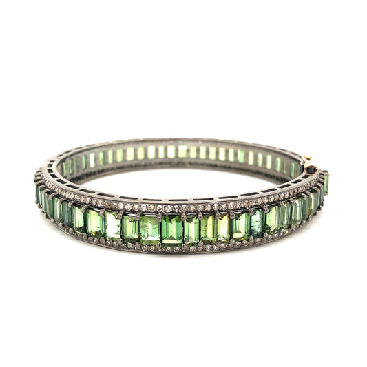 Green Tourmaline Bangle Bracelet w/ Diamonds in Sterling Silver