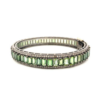 Green Tourmaline Bangle Bracelet w/ Diamonds in Sterling Silver