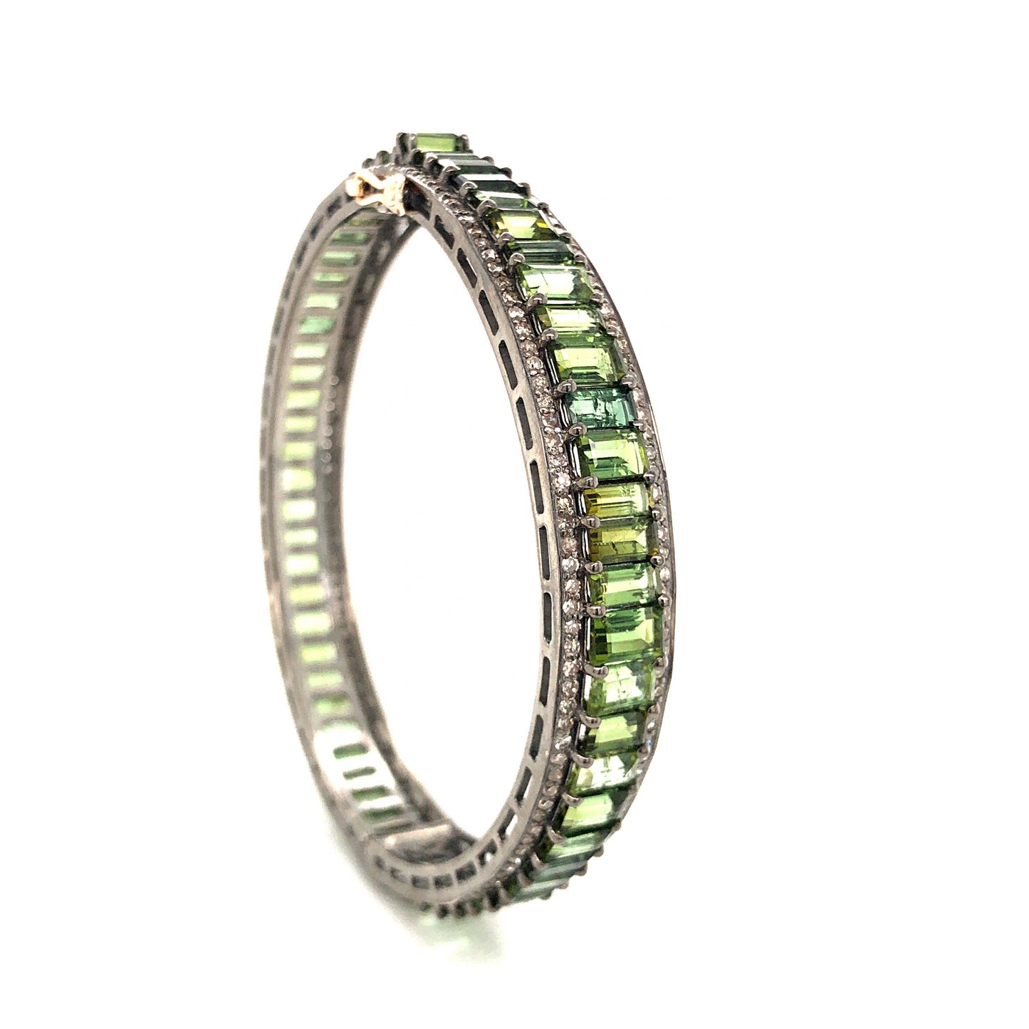 Green Tourmaline Bangle Bracelet w/ Diamonds in Sterling Silver