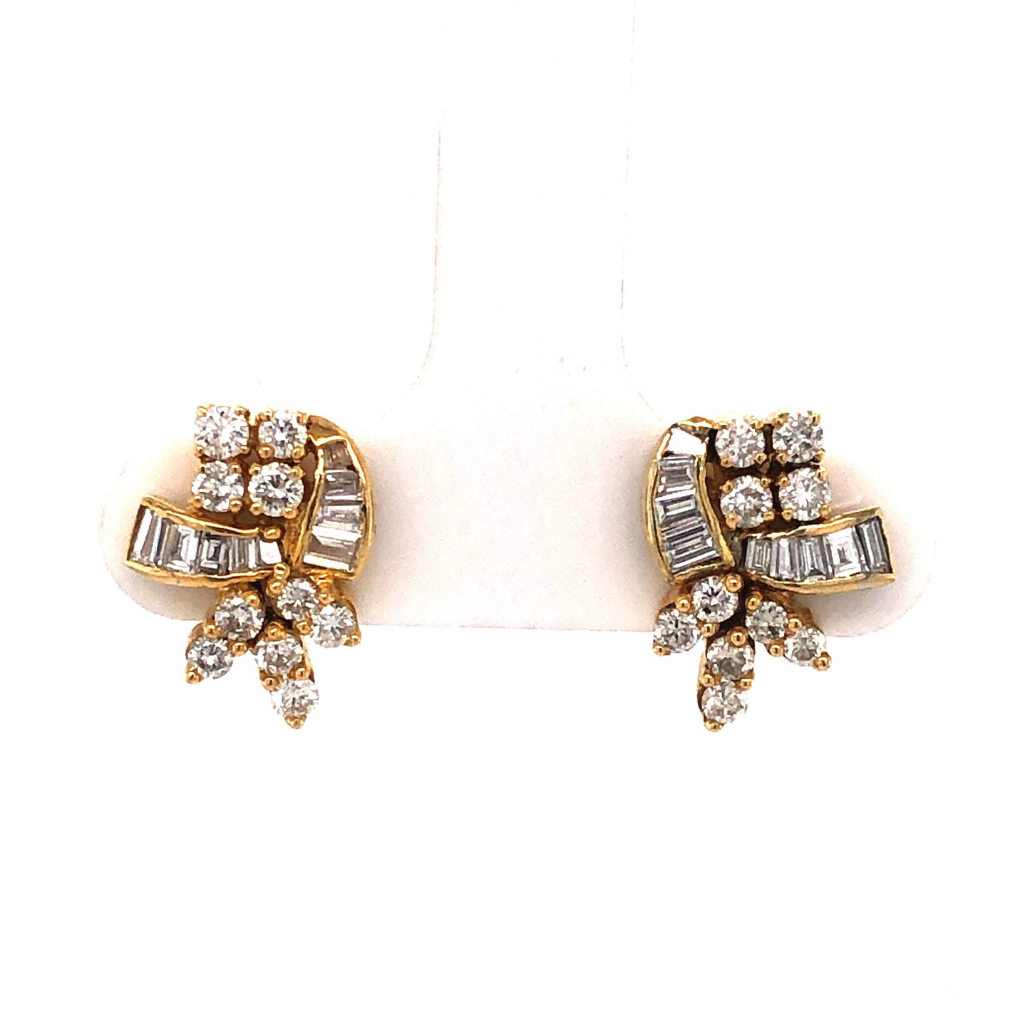 Baguette & Round Diamond Cluster Stud Earrings in 14K Yellow Gold