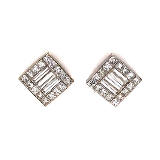 Square Diamond Earring Studs in 18k White Gold