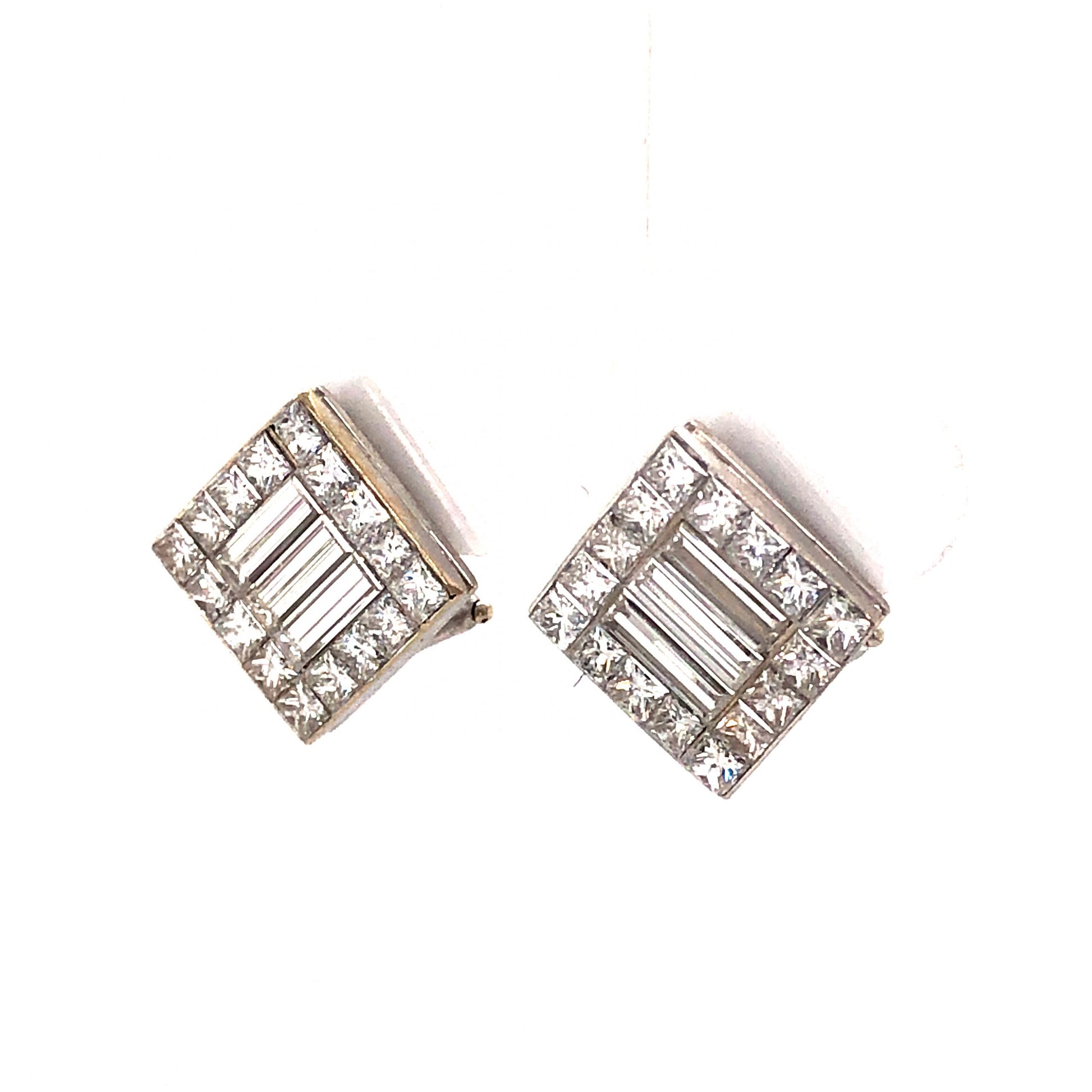 Square Diamond Earring Studs in 18k White GoldComposition: 18 Karat White GoldTotal Diamond Weight: 2.85 ctTotal Gram Weight: 5.9 gInscription: 89035 QUAD 18k 750