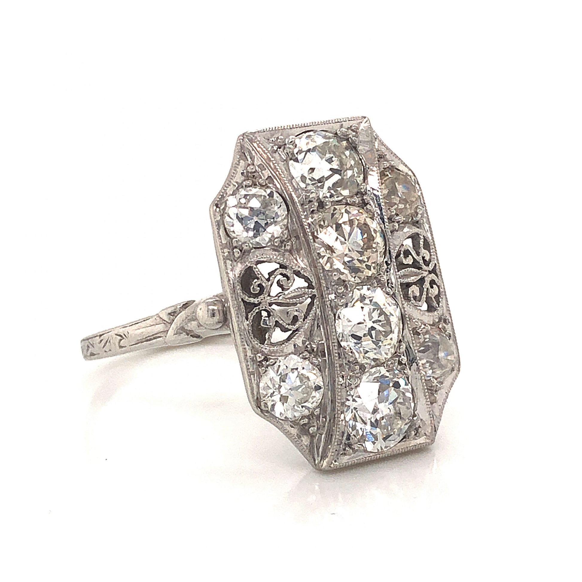 2.32 Art Deco Diamond Filigree Cocktail Ring in Platinum
