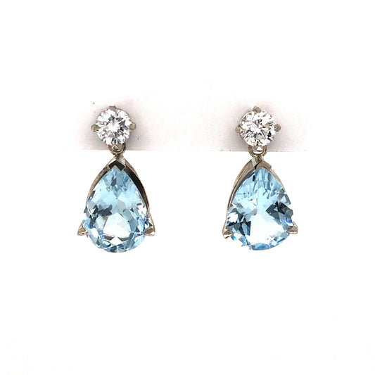 Pear Cut Aquamarine & Diamond Stud Earrings in 14k White Gold