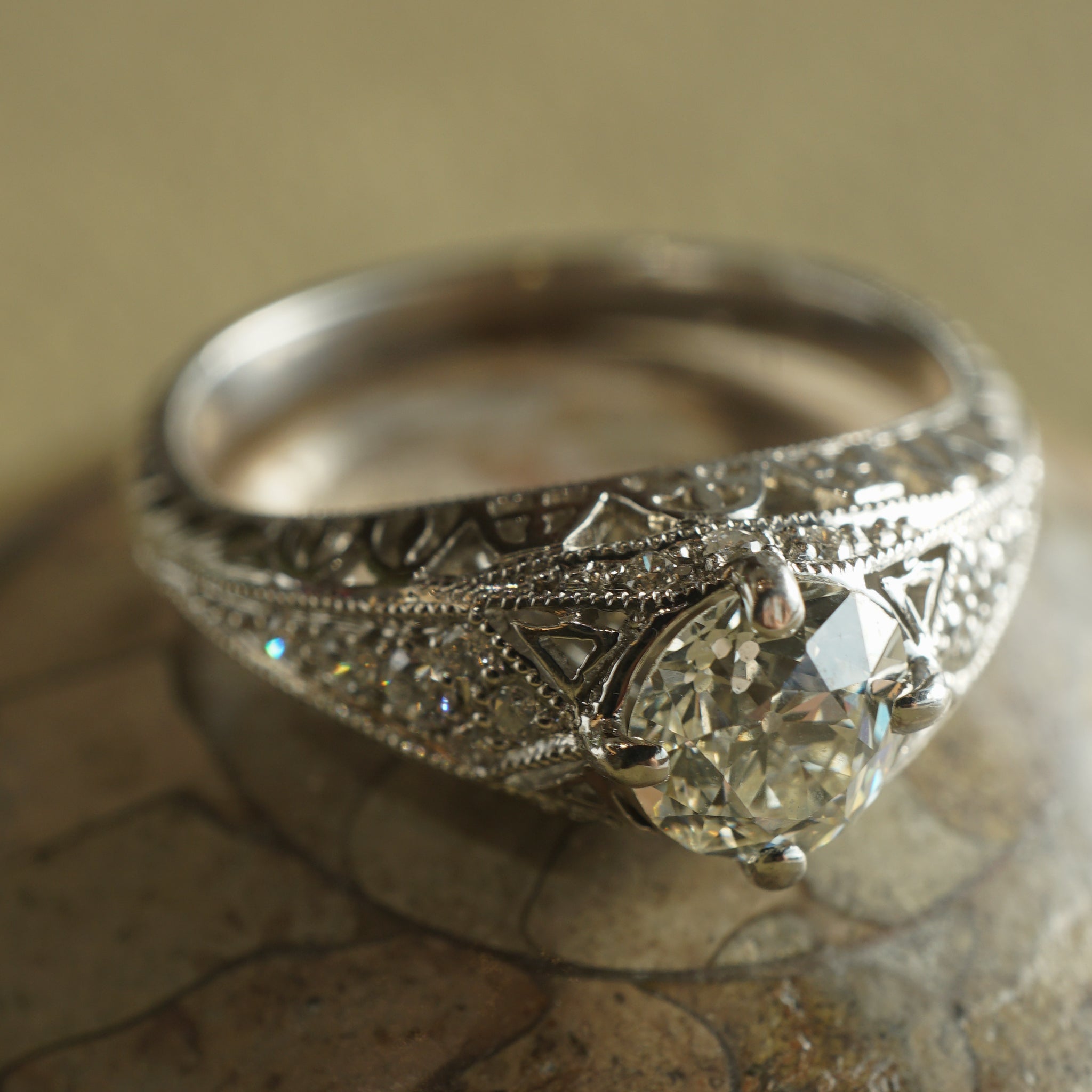 68 Old European Cut Diamond Filigree Engagement Ring in Platinum