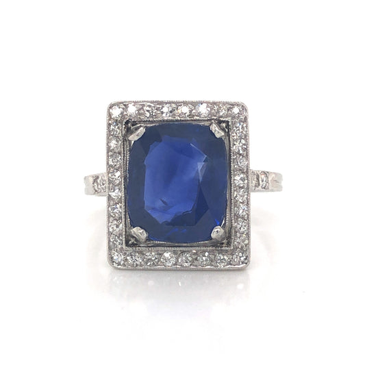 Art Deco Cushion Cut Sapphire & Diamond Cocktail Ring in Platinum