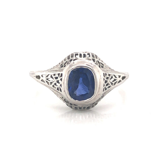 Art Deco Filigree Sapphire Engagement Ring in 14k & Platinum