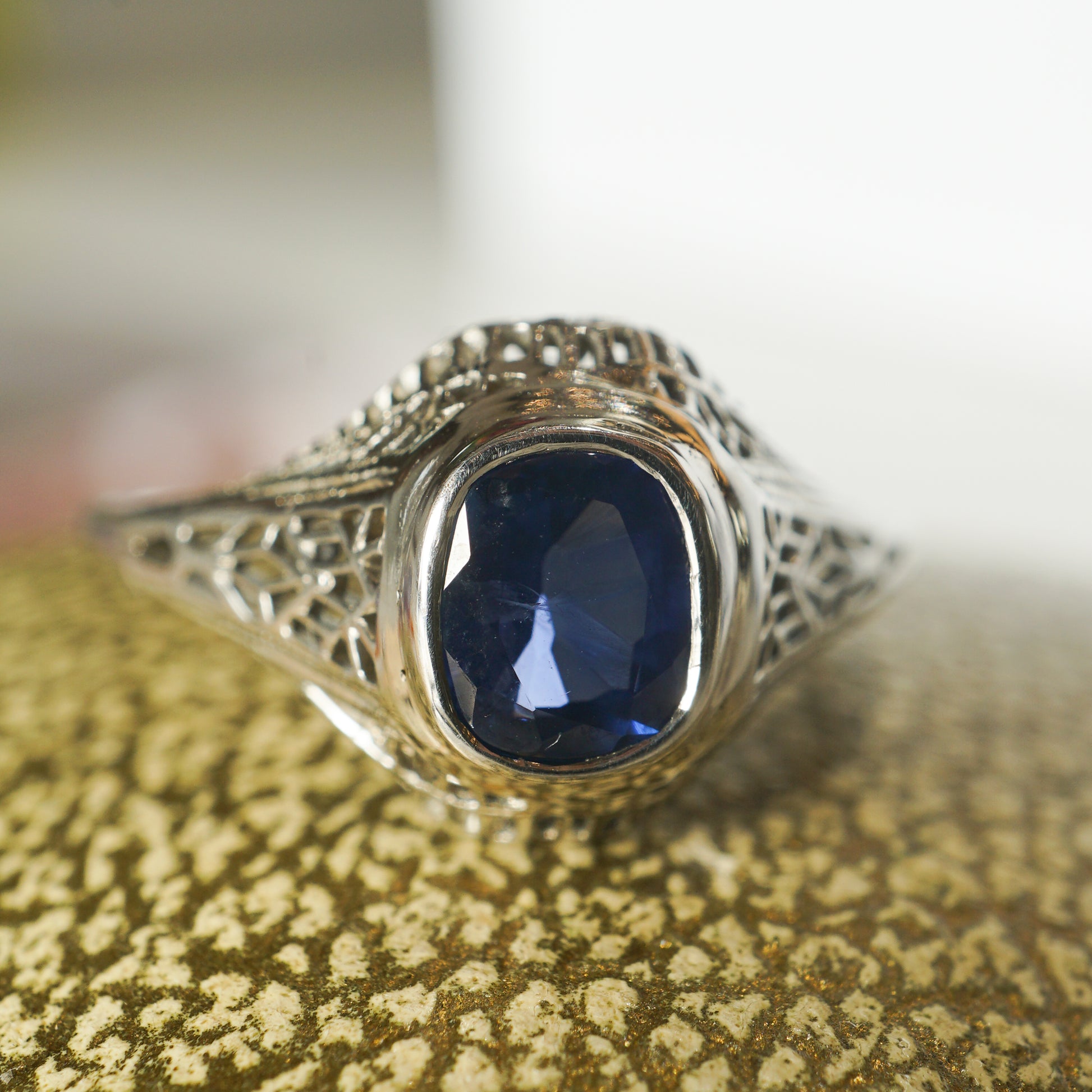 Art Deco Filigree Sapphire Engagement Ring in 14k & Platinum