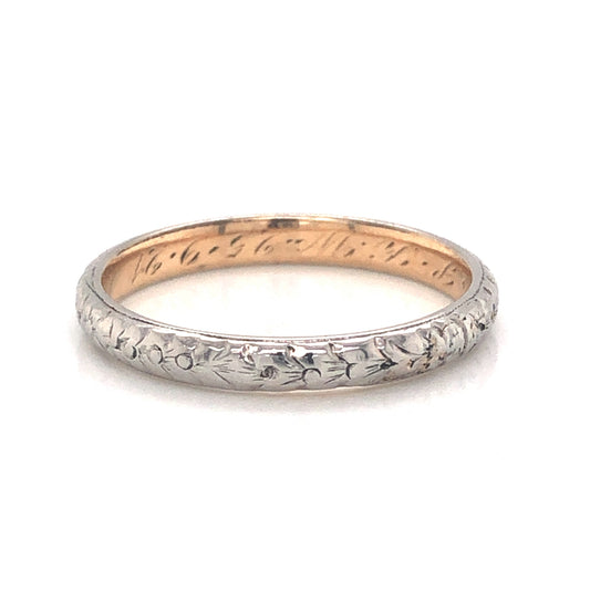 2.6mm Antique Engraved Wedding Band in 18k White & Yellow Gold