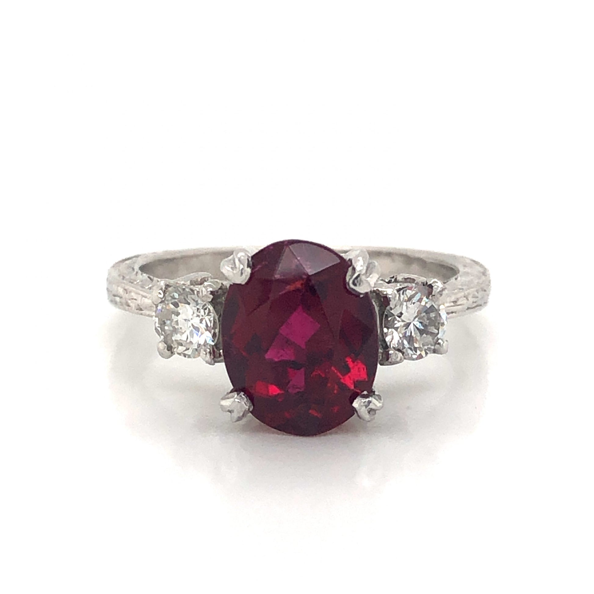 Tacori Oval Ruby Engagement Ring in PlatinumComposition: Platinum Ring Size: 5 Total Diamond Weight: .34ct Total Gram Weight: 5.4 g Inscription: PLAT TACORI
      