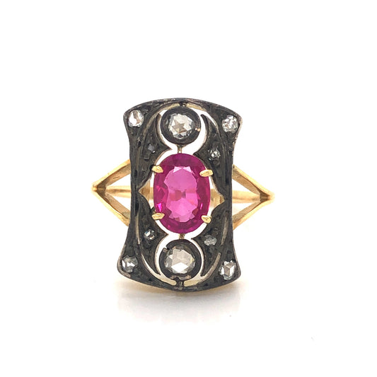 Georgian Ruby & Diamond Ring in Sterling Silver & 14k