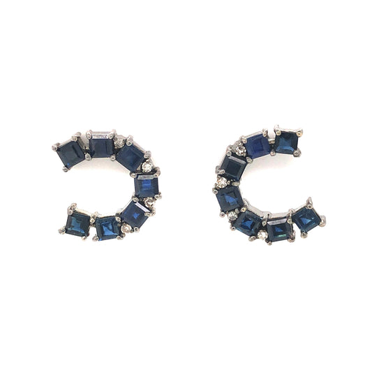 Curved Sapphire & Diamond Stud Earrings in Sterling Silver