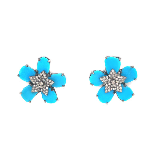 Turquoise & Diamond Flower Stud Earrings in Sterling Silver