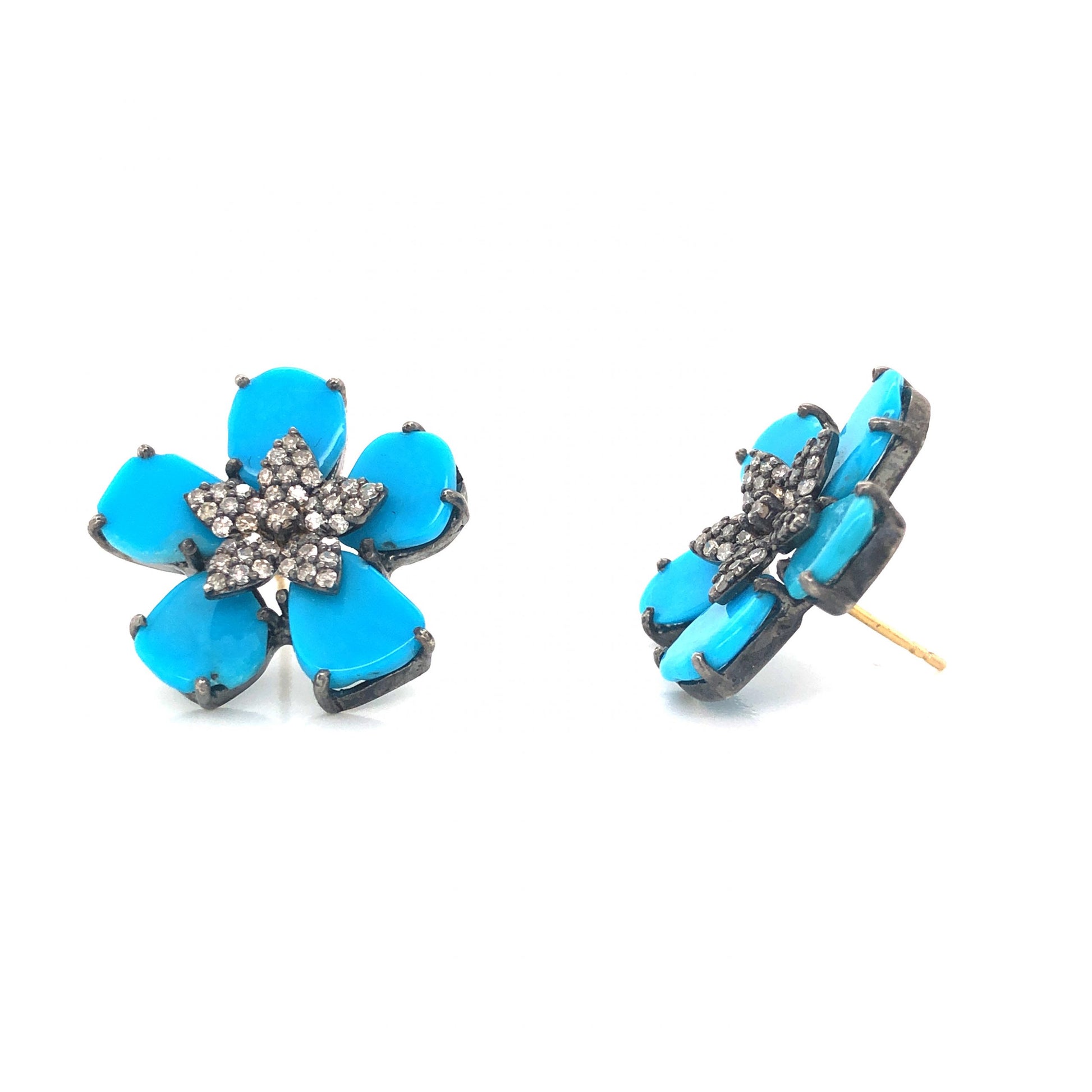 Turquoise & Diamond Flower Stud Earrings in Sterling SilverComposition: 14 Karat Yellow Gold/Sterling SilverTotal Diamond Weight: .715 ctTotal Gram Weight: 6.6 gInscription: 1/20 14K G.F.