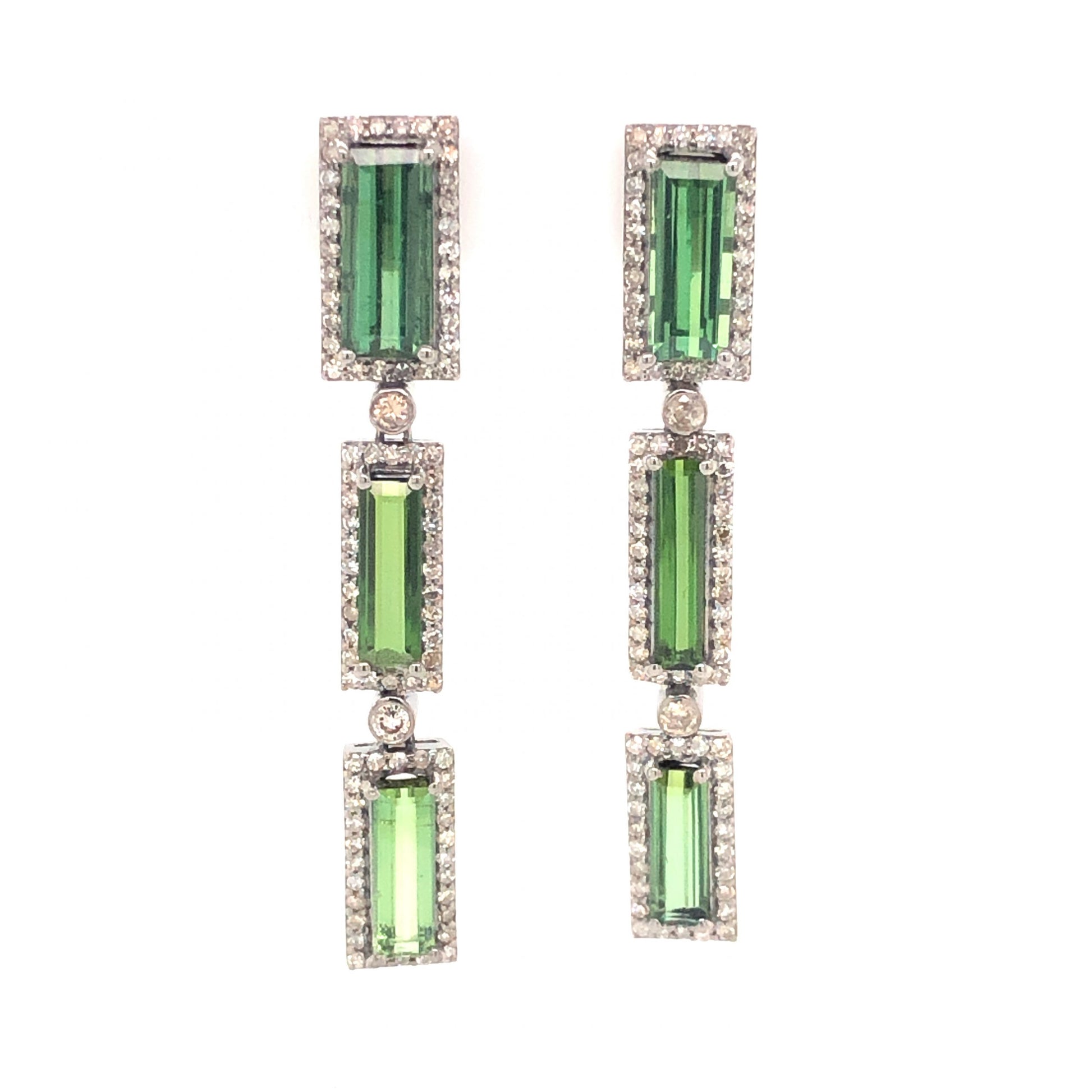 Green Tourmaline & Diamond Drop Earrings in Sterling Silver