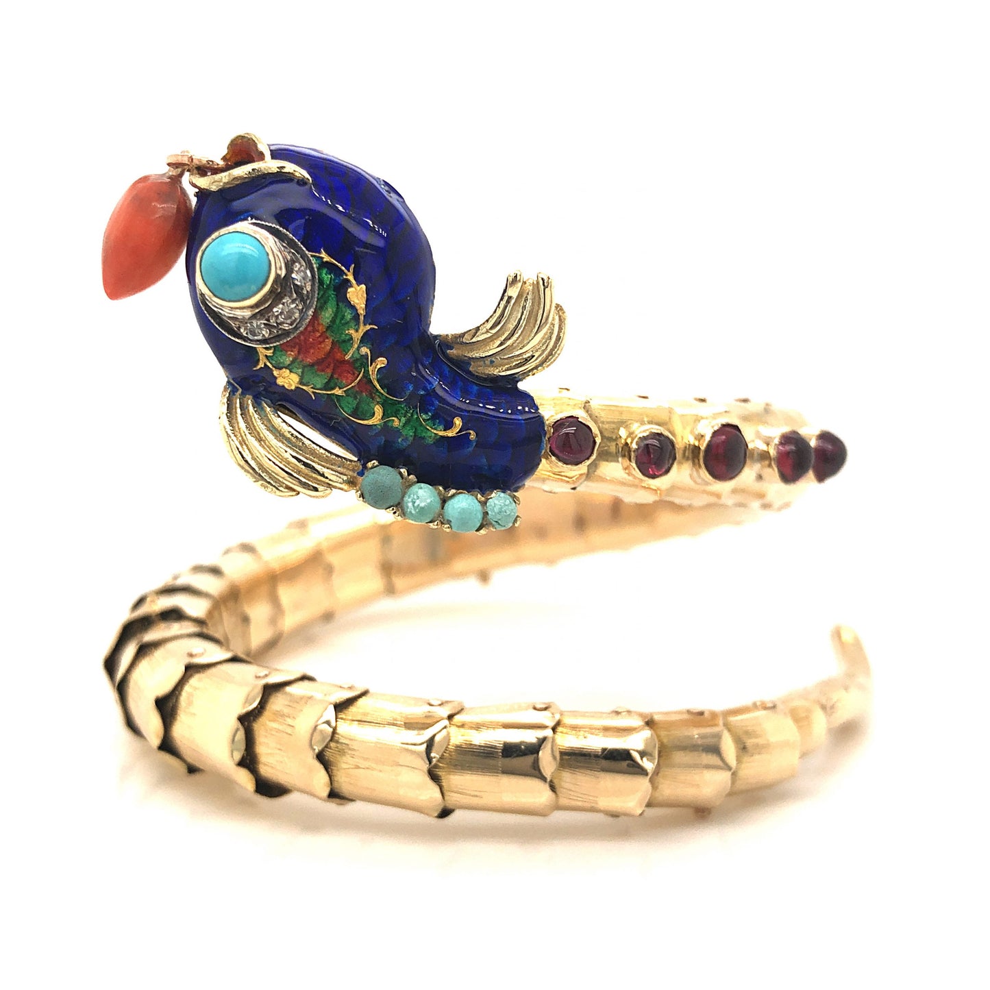 Vintage Enamel Fish Bracelet w/Diamonds in 14k Yellow Gold