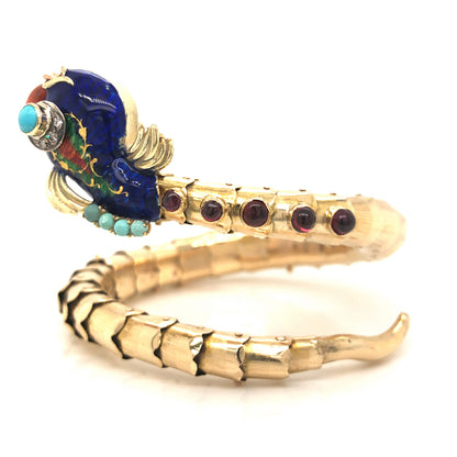 Vintage Enamel Fish Bracelet w/Diamonds in 14k Yellow Gold