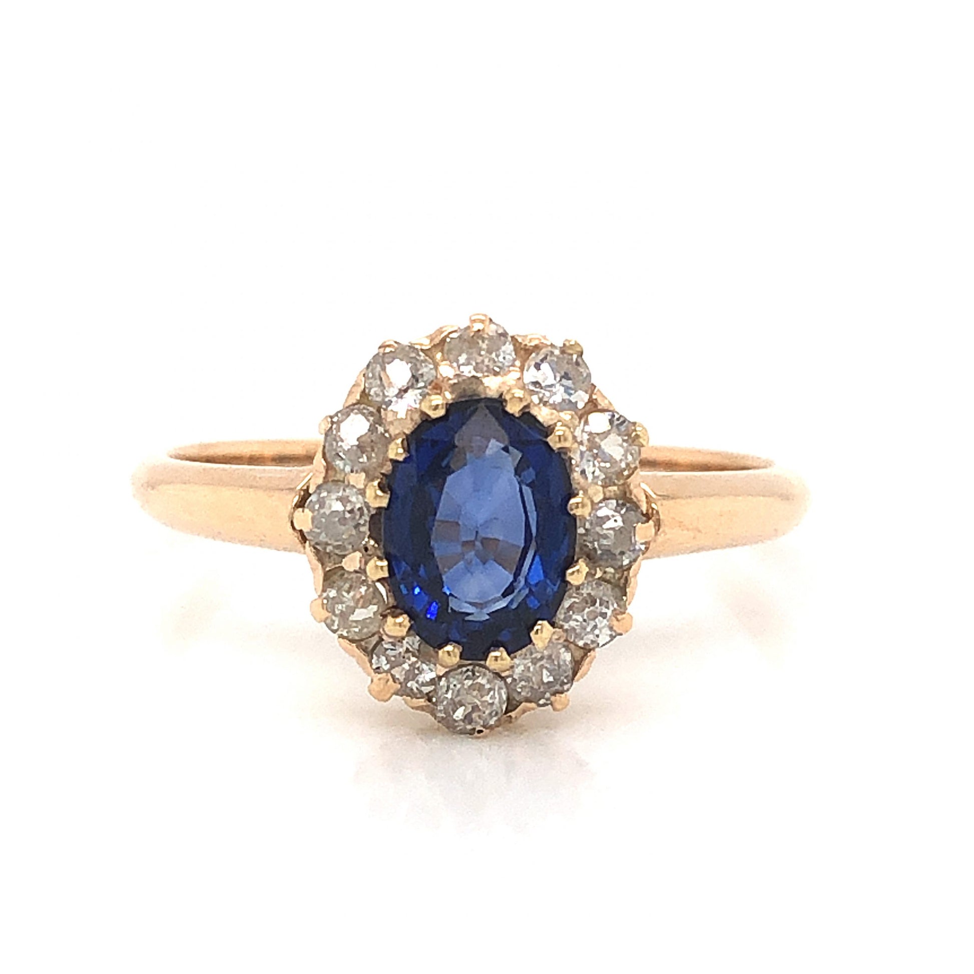 Victorian Oval Sapphire & Diamond Engagement Ring in 14k Yellow GoldComposition: 14 Karat Yellow GoldRing Size: 7.5Total Diamond Weight: .36 ctTotal Gram Weight: 2.3 gInscription: 14k