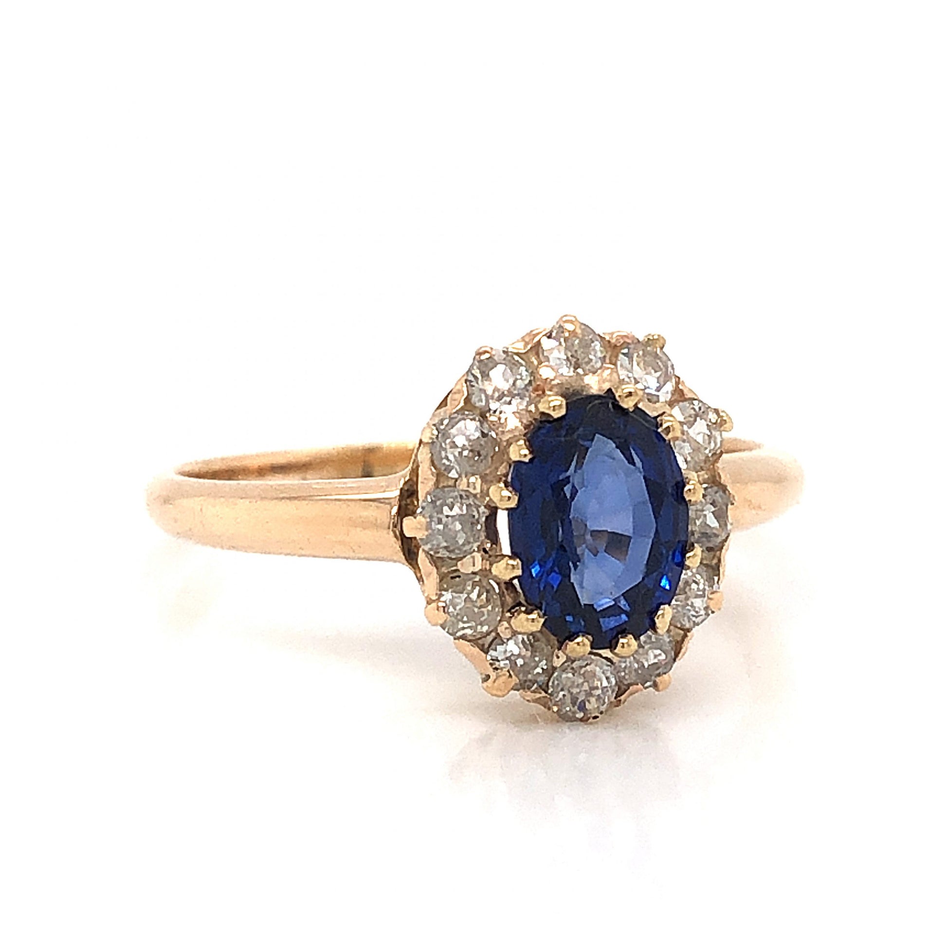 Victorian Oval Sapphire & Diamond Engagement Ring in 14k Yellow GoldComposition: 14 Karat Yellow GoldRing Size: 7.5Total Diamond Weight: .36 ctTotal Gram Weight: 2.3 gInscription: 14k