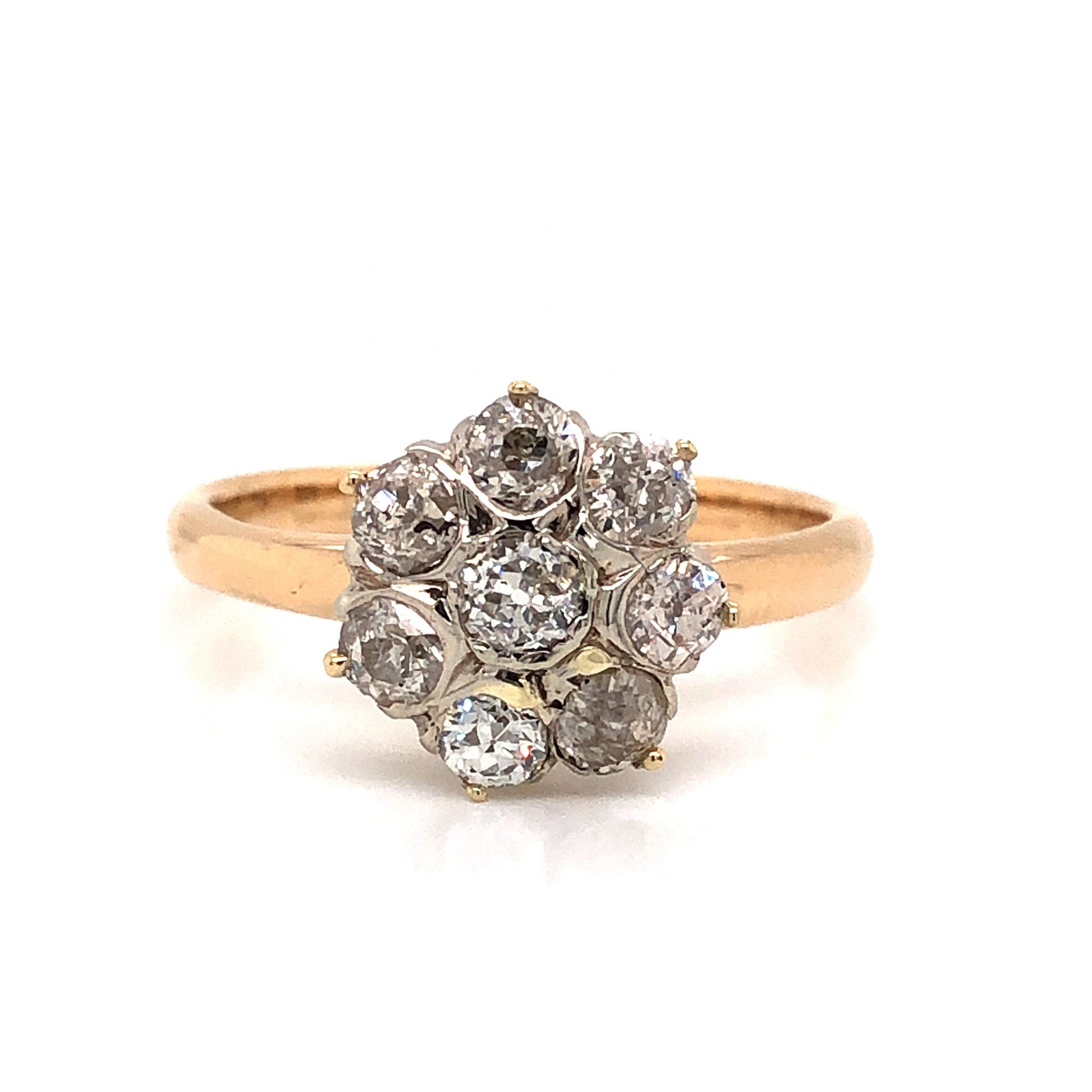 .84 Victorian Diamond Cluster Engagement Ring in 14k GoldComposition: 14 Karat White Gold/14 Karat Yellow GoldRing Size: 7.75Total Diamond Weight: .84 ctTotal Gram Weight: 2.8 g
