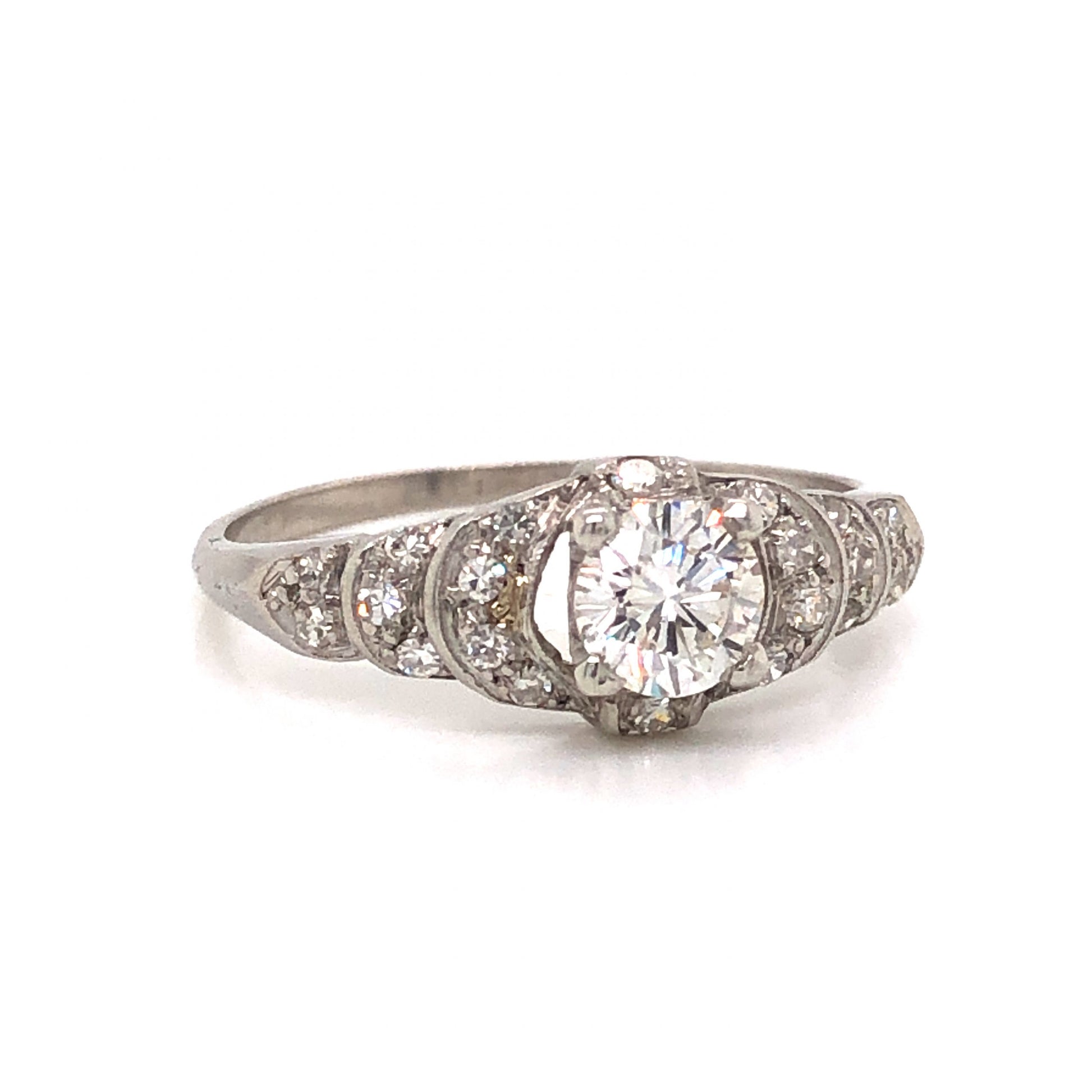 .43 Antique Art Deco Diamond Engagement Ring in PlatinumComposition: PlatinumRing Size: 7Total Diamond Weight: .58 ctTotal Gram Weight: 2.7 gInscription: 100 IRID 900 PLAT