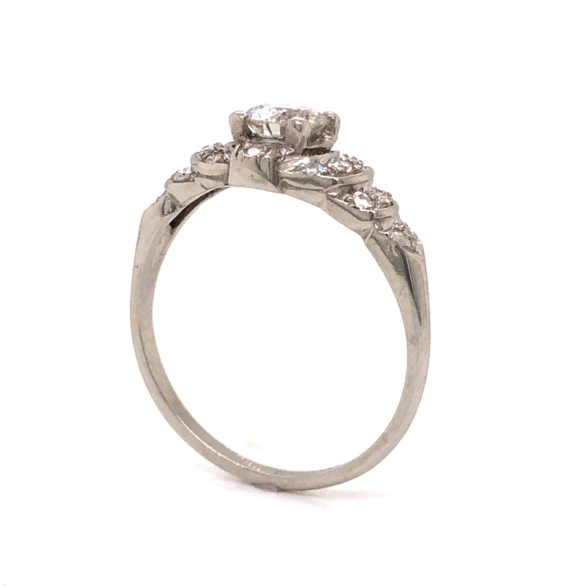 .43 Antique Art Deco Diamond Engagement Ring in PlatinumComposition: PlatinumRing Size: 7Total Diamond Weight: .58 ctTotal Gram Weight: 2.7 gInscription: 100 IRID 900 PLAT