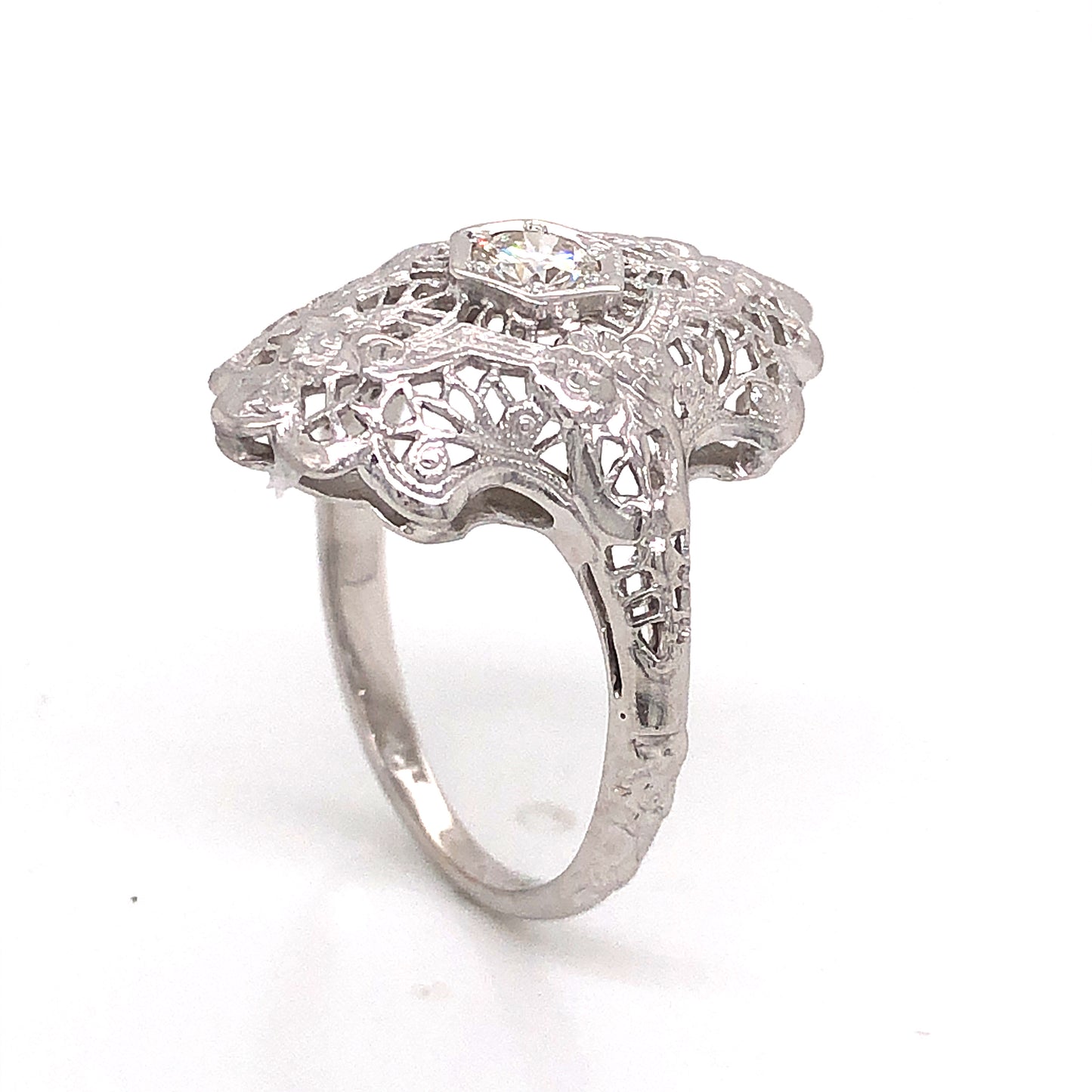 Art Deco Inspired Diamond Filigree Cocktail Ring in 14k White Gold
