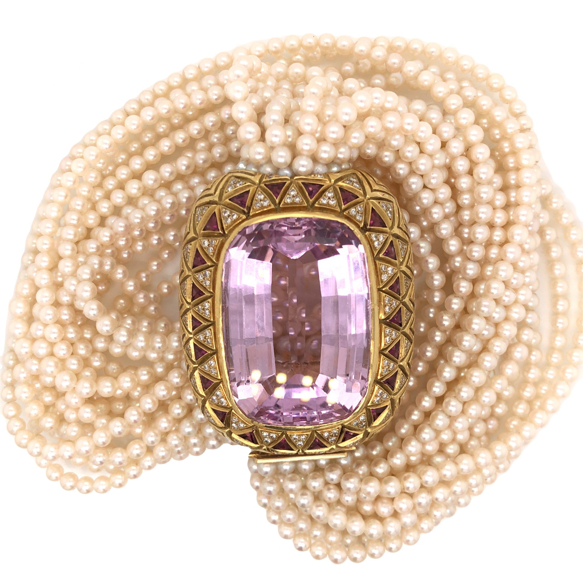 Kunzite Pendant Necklace w/ Diamonds & Pearls in 18k Yellow GoldComposition: Platinum Total Diamond Weight: 1.26ct Total Gram Weight: 177.4 g Inscription: 18k
      