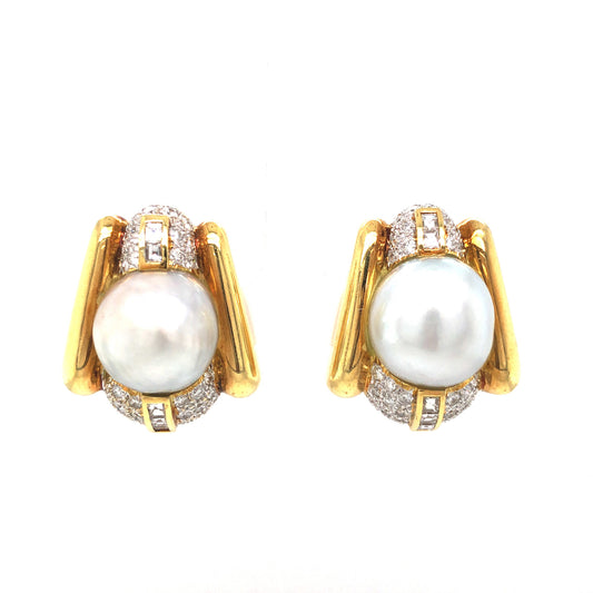 Mid Century Pearl & Diamond Earrings in 18k Yellow Gold