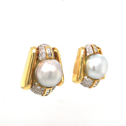Mid Century Pearl & Diamond Earrings in 18k Yellow Gold