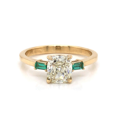 Old Mine Cushion Cut Diamond Engagement Ring w/ Emerald Accents