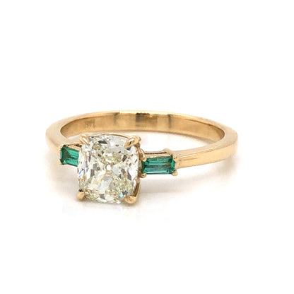 Old Mine Cushion Cut Diamond Engagement Ring w/ Emerald Accents