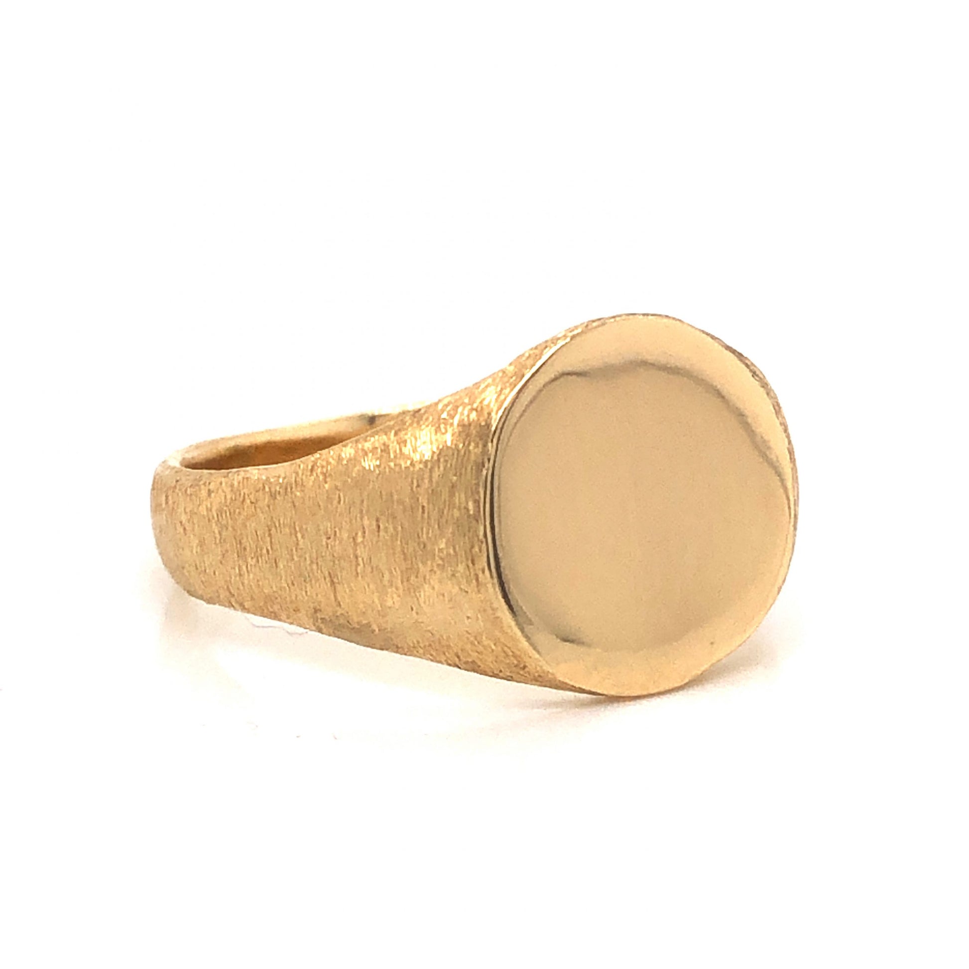 Mid-Century Round Signet Ring in 14k Yellow GoldComposition: 14 Karat Yellow Gold Ring Size: 8 Total Gram Weight: 5.0 g
