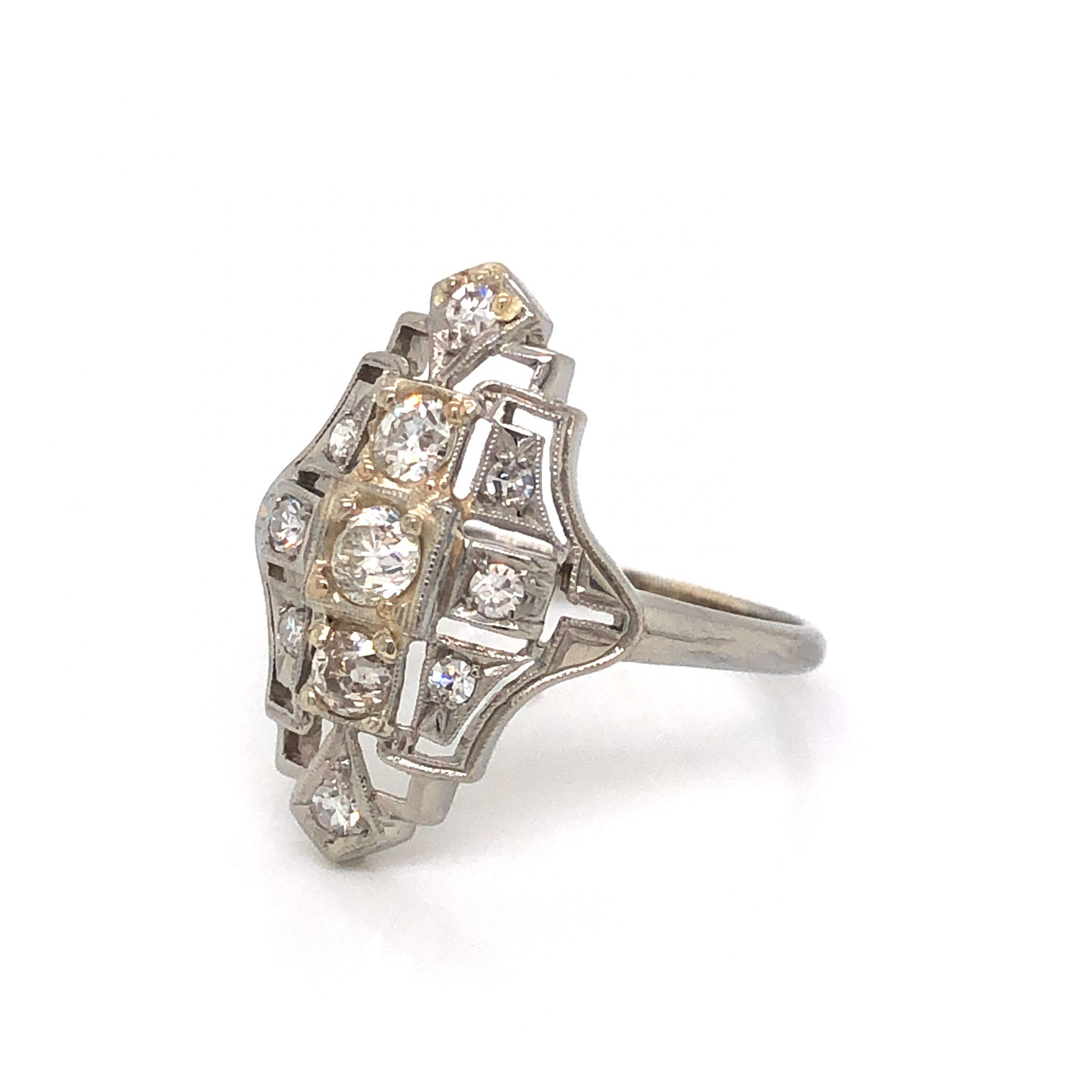 .63 Art Deco Filigree Diamond Cocktail Ring in 18k