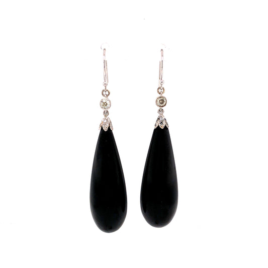 Art Deco Diamond & Onyx Drop Earrings in 14k White Gold