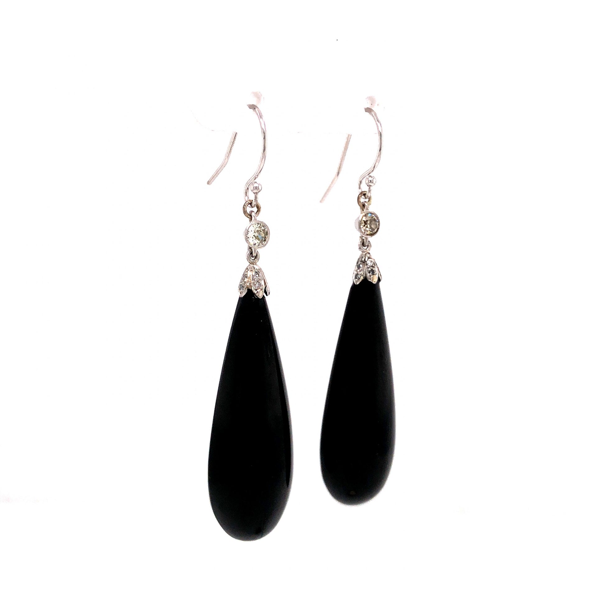 Art Deco Diamond & Onyx Drop Earrings in 14k White Gold